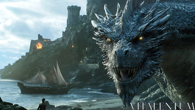 Armored dragon snarls on stormy shore before burning fortress