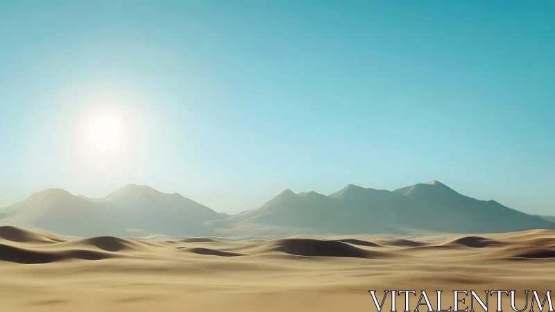 Sunlit desert dunes before distant hazy mountain ridge.
