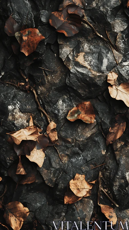 Dry autumn leaves scattered across dark rugged rock surface.