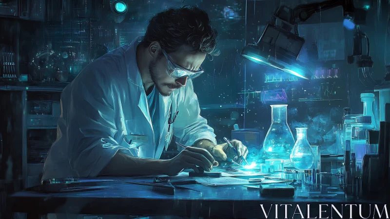 Scientist refines glowing sample under cold neon lab light