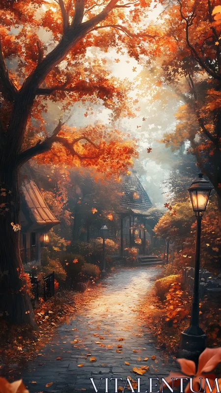 Golden autumn village lane glows with gentle, cozy light
