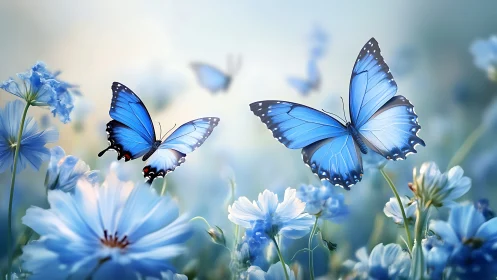 Blue butterflies hovering over soft-focus wildflower meadow.
