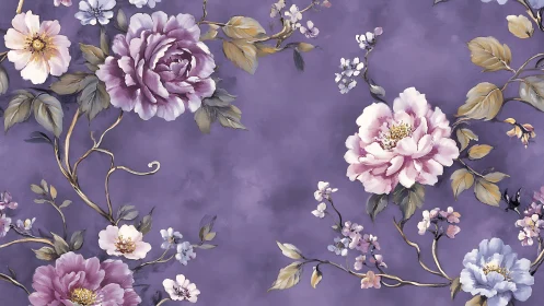 Floral Arrangement on Purple Background with Gold-Toned Stems.