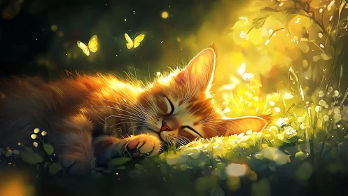Sunlit kitten sleeping in meadow with luminous butterflies