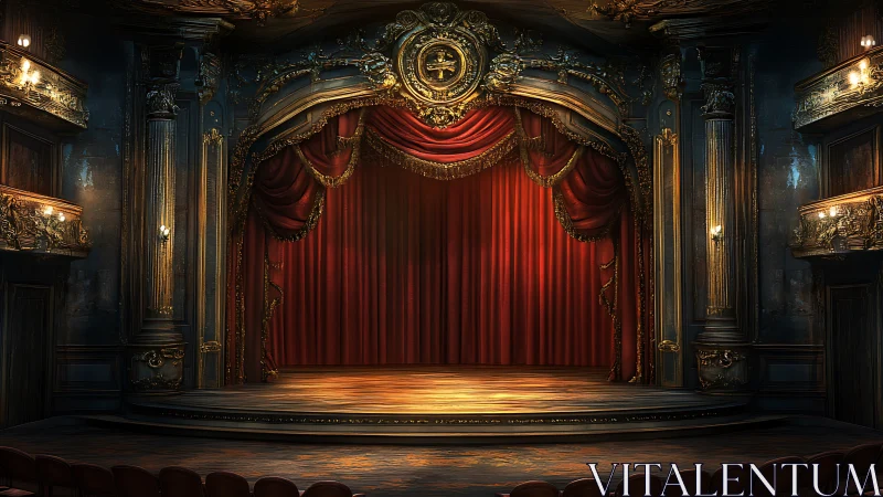 Ornate proscenium stage with closed red curtain in theater.