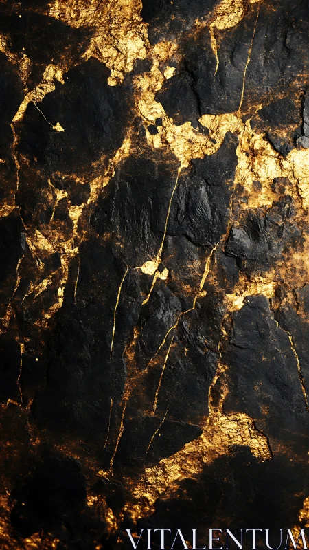 Photorealistic black stone surface with fractured gold veins.