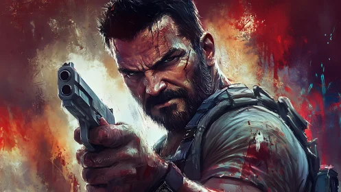 Battle-worn tactical gunman aiming pistol amid fiery backdrop