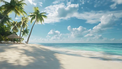 Tropical Beach Paradise: Palm Framed Coastal Seascape.