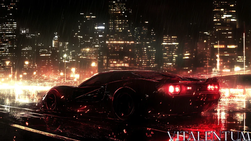 Sports car in dark rainy city with bright neon lights.