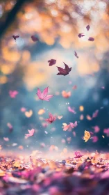 Autumn maple leaves falling over forest ground in bokeh light.