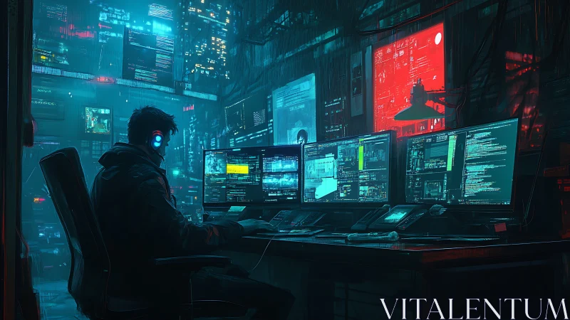 Cyberpunk workstation with multiple monitors in dark room.