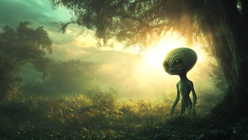 Alien figure stands in sunlit forest clearing at dawn