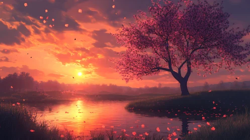 Cherry blossom tree by river at vivid orange sunset.