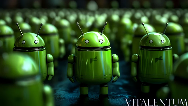 Green android robot crowd rendered in glossy 3D scene.