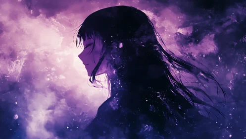 Ethereal anime girl drifts in cosmic violet nebula haze.