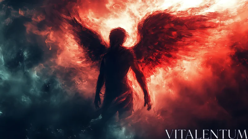 Fiery winged guardian rises boldly from swirling red clouds