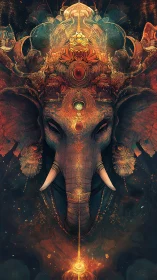 Ornate luminescent elephant deity portrait with fractal headdress
