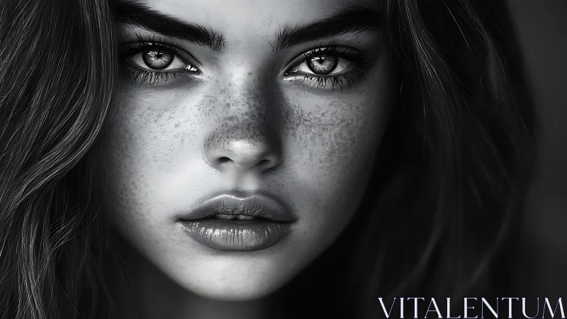 Storm-lit freckled gaze in cinematic monochrome closeup.