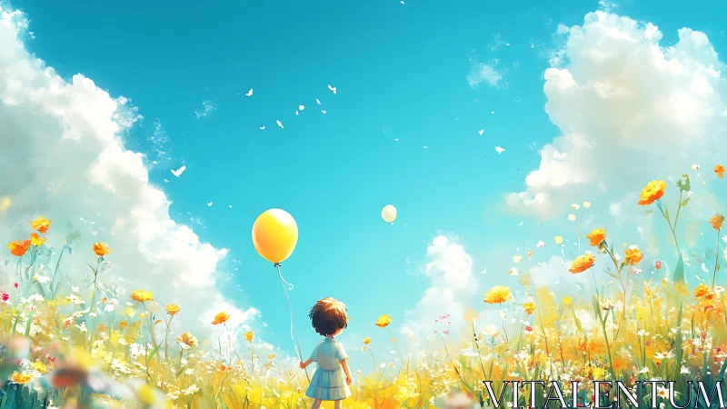 Child with yellow balloon in bright wildflower meadow sky.