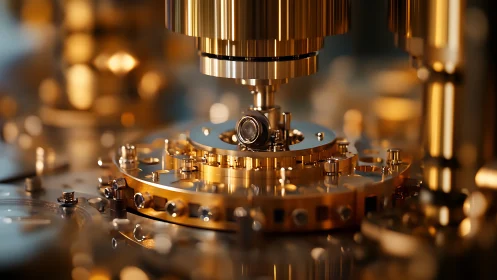 Gold-toned precision micro machinery in shallow focus view.