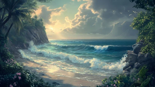 Digital painting of tropical cove with luminous coastal surf.