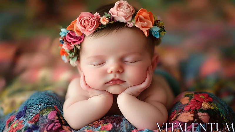 Sleeping newborn with colorful flower crown portrait.