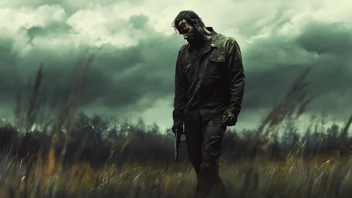 Weathered wanderer under stormy skies, lost in thought.