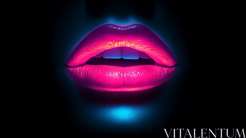 Neon-kissed lips hover in electric midnight glow. Period.