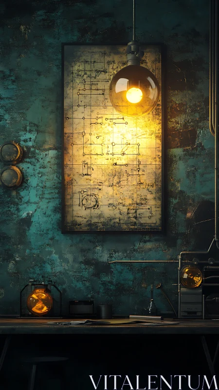 Industrial lab blueprint wall with warm tungsten glow.