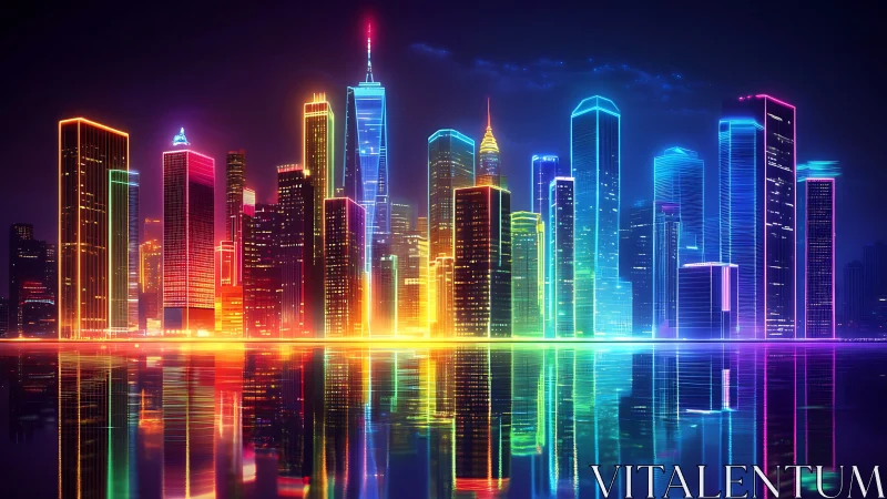 Neon cyberpunk skyline with vivid reflections at night.