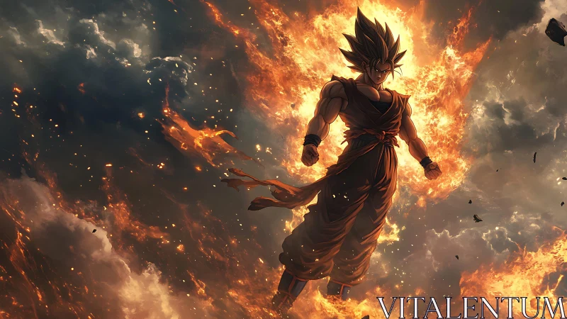 Fiery energy surrounds a floating anime fighter in clouds