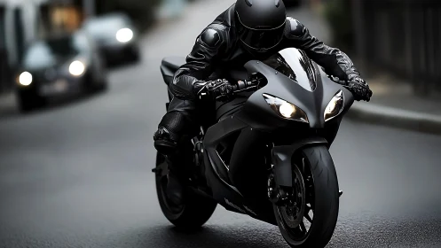 Stealth black superbike carving urban street with dynamic motion.