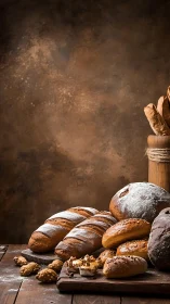 Artisan Bread Display on Rustic Wooden Table.