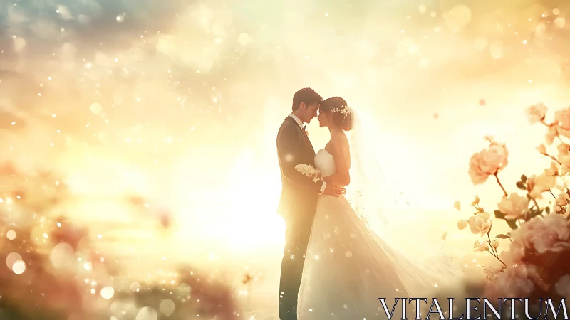 Backlit wedding couple in ethereal golden bokeh haze