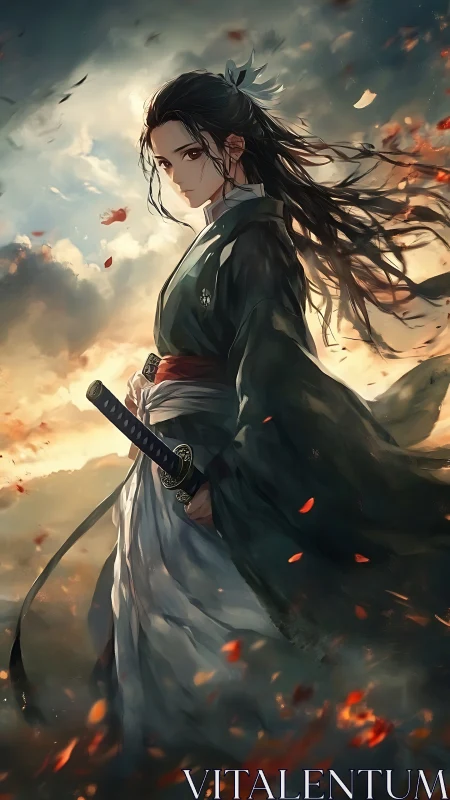 Calm samurai warrior standing in sunset winds and falling leaves.