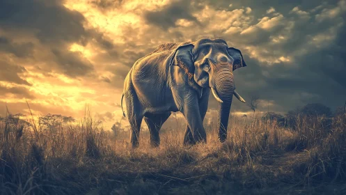 Backlit savanna elephant under volumetric storm sky field.
