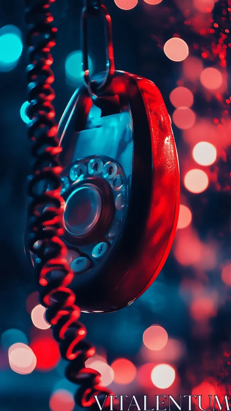 Retro rotary handset glows under neon blue and red bokeh lights