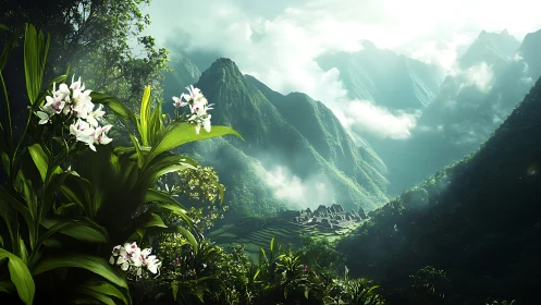 Photorealistic orchid foreground with misted Andean citadel vista.