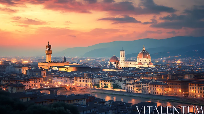 Golden Florence evening skyline over the river Arno glow.