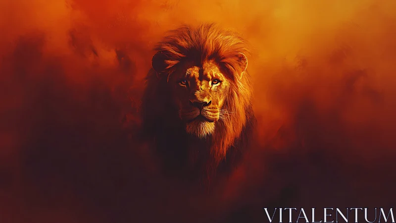 Majestic lion emerges from fiery orange shadowed haze