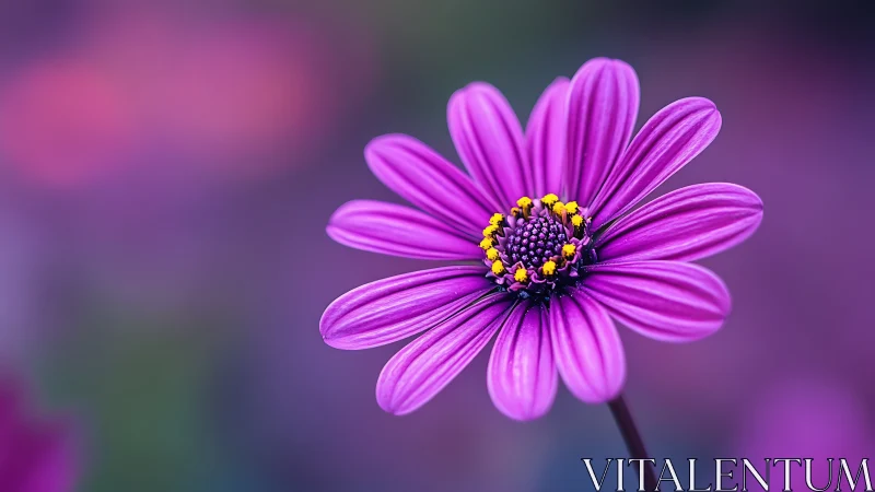 Purple Daisy Bloom with Yellow Stamen Center Against Soft Gradient.