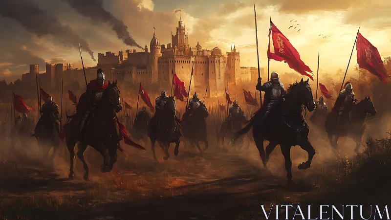 Armored cavalry charge toward a fortified medieval castle.