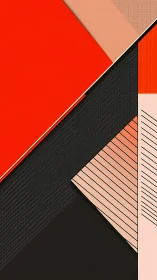 Geometric abstract layout in red, peach, and black tones.