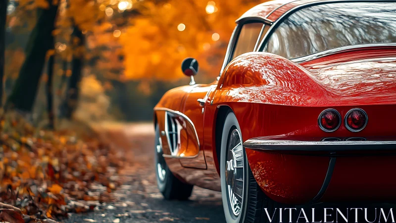 Photorealistic rear view of classic red coupe on autumn road.