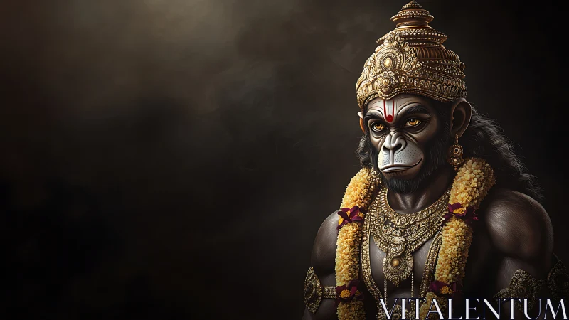 Digital painting of divine simian warrior with ornate regalia.