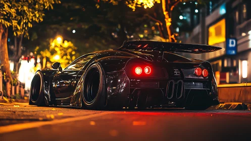 Low-angle rear view shows modified black supercar parked at night