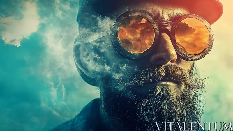 Bearded man in steampunk goggles with double-exposed sky reflections