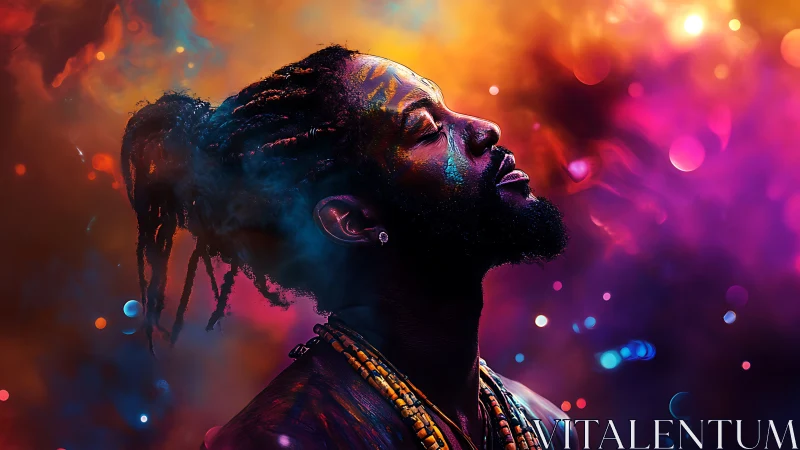 Chromatic portrait of serene man in neon cosmic haze.