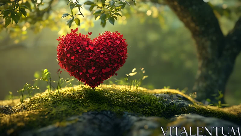 Luminous Red Heart Sculpture in Enchanted Forest Setting.