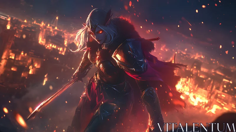 Nightfire warrior watching a burning city awaken below.